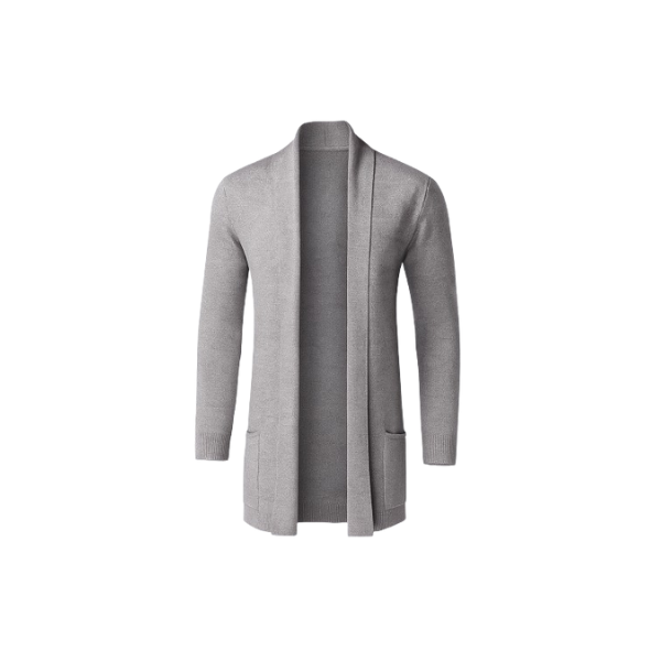 Men's knitted cardigan, slim fit, mid-length style.