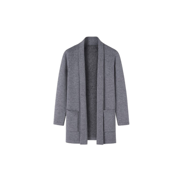 Men's knitted cardigan, slim fit, mid-length style.
