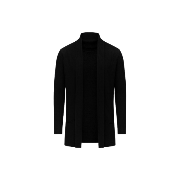 Men's knitted cardigan, slim fit, mid-length style.